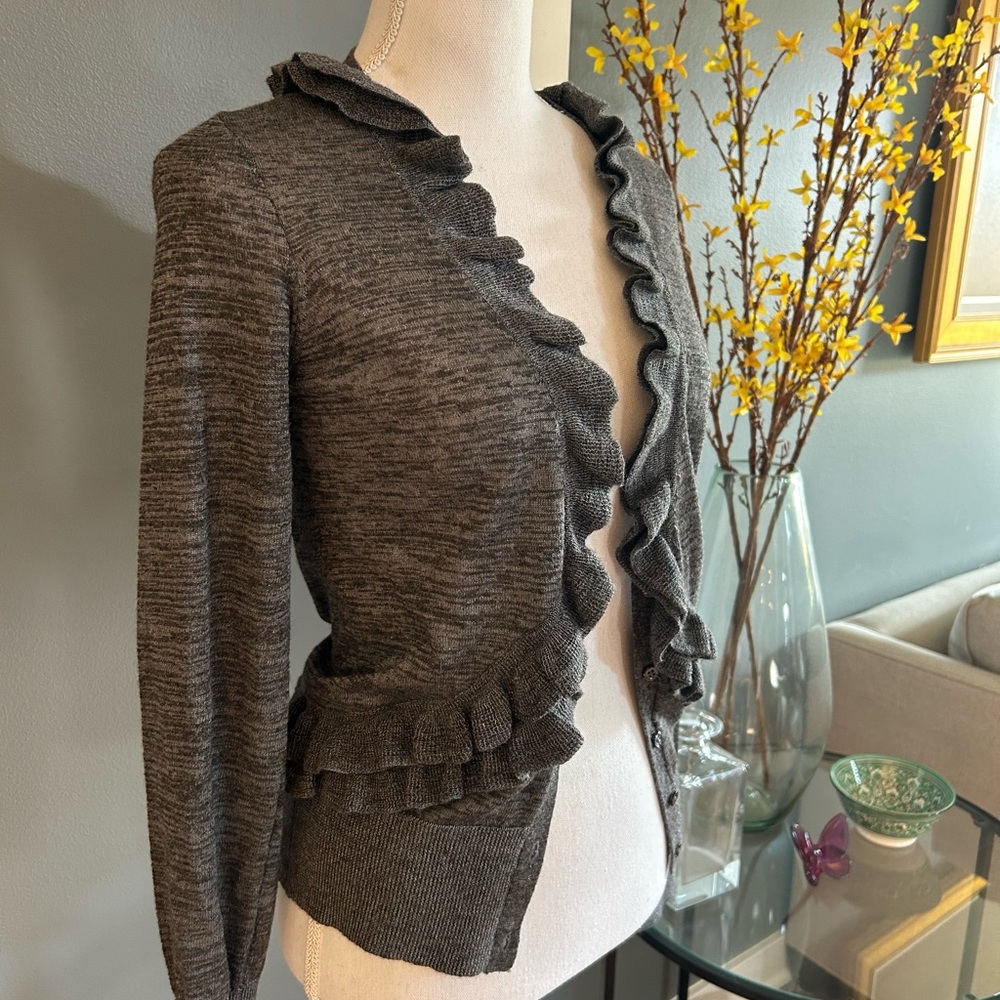 J. Crew Gray Ruffle Cardigan - Picture 2 of 5